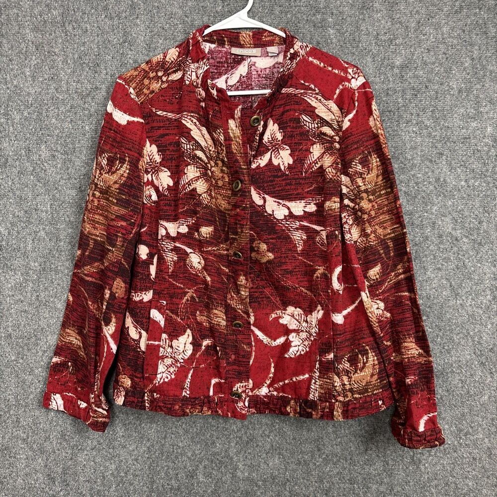 Chico’s 2 Jacket Womens Size L Red Brick Floral Denim Twill Fall